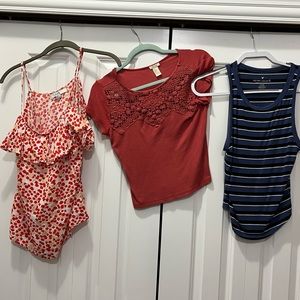 2 Small American Eagle shirts and 1 Medium forever 21 shirt